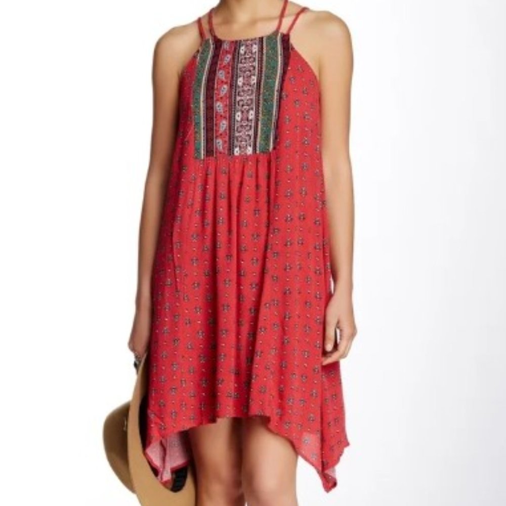 Pink Rose Spaghetti Strap Dress w/ Handkerchief Pattern Maroon Size Small